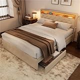 Modernes Polsterbett mit LED-Kopfteil & USB-Schnittstelle - Jugendbett mit Stauraum Leinen (beige 140 * 200cm)