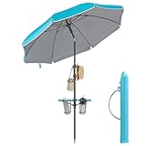 SONGMICS Sonnenschirm 200 cm, Strandschirm, Sonnenschutz UPF 50+, beidseitig um 30° knickbar, höhenverstellbar, Ablagefläche, Haken, für Strand, Garten, ohne Ständer, blau GPU0082Q01