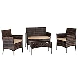 LEADZM Polyester Rattan Sitzgarnitur,Balkonmöbel,Gartenmöbel-Set,wetterfest,UV-Schutz, Sitzplätze für 4 Personen,Sofa für 2 Personen, 2 Einzelsessel, geeignet für Wohnzimmer, Balkon, Garten (Braun)