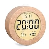 Yulado Wecker Digital, Tischuhr, Runder Holz LCD Digitaler Wecker, mit Datum, Temperaturanzeige, Hintergrundbeleuchtung, Snooze Funktion, Reisewecker, Wecker Batteriebetrieben