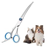 DGUSO Hundehaarschere, Fellschere Hunde, Schere Hundehaare Schneiden, Sicherheits-Pflegeschere mit Runder Spitze, Pflegeschere aus Edelstahl für Hunde und Katzen(Blaue Gebogene Schere)