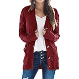 SHINROAD Strick-Cardigan, Damen-Pullover-Jacke, Damen-Pullover-Jacke, langärmelig, Knopfleiste, Zopfmuster, Wintermantel mit Tasche, einfarbig, lockere Passform Weinrot S