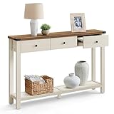 VASAGLE Konsolentisch, Beistelltisch, schmaler Sofatisch, mit 3 Schubladen und Einer Ablage, für Flur, Wohnzimmer, Landhausstil, honigbraun-vintageweiß LNT142W73