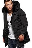 behype. Herren Winter-Parka Winter-Jacke mit Kunstfell an der Kapuze 55-1723 Schwarz L