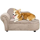 PawHut Hundesofa, Haustiersofa mit Samtoptik, Hundecouch Katzensofa Hundesessel mit Holzbeine, Haustierbett mit Stauraum, Beige, 80 x 40 x 46 cm