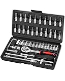 KeZaara 46 Stück Ratschenkasten Knarrenkasten Klein, Das Verchromt Werkzeugkoffer, Ratschen- und Steckschlüssel-Set Geeignet für Arbeiten an Fahrrädern und Autos, Größe 1/4'