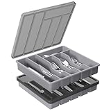 Lifewit Besteckkasten mit Deckel, Besteckaufbewahrung für Küchenschublade und Arbeitsplatte, Besteckkasten für Schubladen aus Kunststoff für Löffel, Gabeln, Messer, 6 Fächer, 2er-Pack, Grau