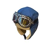 DCNIYT Warme Winter-Motorradmütze, Fliegermütze und Brille, Kostüm-Zubehör für Herren und Damen, Outdoor, Ski, Radfahren, Pilotenmütze, Mützen (blau)