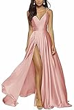 N/ C Ballkleid für Damen, hoher Schlitz, lang, Satin, formelles Abendkleid, Ballkleid, blush, 56