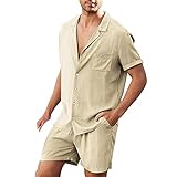 Kleidersack cm Herren-Sommer-Leinen, atmungsaktiv, Falten, zweiteilig, atmungsaktiv, mit gerollten Ärmeln, Hemd-Hosen-Set REIT Protektor Weste (Beige, L)
