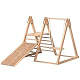 3-in-1 Spielturm Kinder Kletterdreieck mit Rutsche Kinderschaukel Kletterleiter Plattform aus Holz Indoor multifunktionales Klettergerüst Montessori Spielzeug Motorikspielzeug ab 3 Jahren