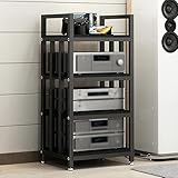 HiFi Regal Audio Rack 4 Ebenen offener CD-Player-Ständer 100cm hoch AV-Medienständer mit verstellbaren Ablage Robustes DVD-Plattenspielerständer aus Holz & Stahl for Wohnzimmer Büro(Black+Black)