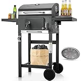 Holzkohlegrill mit Deckel, Grill Grillwagen BBQ Smoker, Grillwagen Holzkohle mit Rädern, Grillrost und Thermometer, Kleine Kohlegrillwagen, Höhenverstellbarer Grill, Standgrill für Camping, Garten