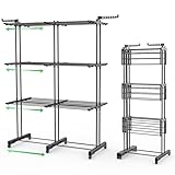 VOUNOT® Wäscheständer Turm Ausziehbar, Platzsparender Turmwäscheständer für Innen & Außen, mit Faltbaren Flügeln, Teleskopstange und 6 Rollen, 40m Trockenlänge, 3 Ebenen, Schwarz