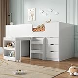 Polsterbett Kinderhochbett 90x200 cm, Kinderbett mit Leiter und ausziehbarem Schreibtisch, Metallbett mit herausnehmbarem Kleiderschrank und Schubladen, Bettgestell mit Lattenrost, ohne Matratze