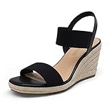 DREAM PAIRS Damen-Espadrilles mit offener Zehenpartie, elegante Plateau-Sandalen zum Hineinschlüpfen, elastische Knöchelriemen, Keilabsatz-Sandalen,Size 38,Schwarz,SDPW222W