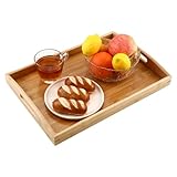 BUCOMTU Tablett Serviertablett, Rechteckiges Serviertablett Groß mit Griff, Natürliches Bambusholz, 40x28x4cm, Frühstücks Kaffeetisch Multifunktionell Belastbares Holz Tablett
