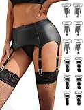 ohyeahlady Leder Strapsgürtel Damen Breit Sexy PU-Leder Strapshalter Wetlook Strapse Dessous Frau mit 6 Halter Curvy Unterwäsche mit Tanga Strumpfhalter Metallclip Große Größen Garter Belt Schwarz,M