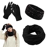 EUIEUT Winter Schal Stirnband und Handschuhe Set für Damen Touchscreen Handschuhe Schlauchschal Winterschal Warme Stirn Band Strickschal Winter Haarband damen Winterhandschuhen Winterzubehör Geschenk