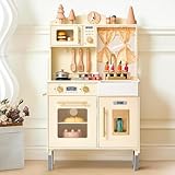 Giant bean KinderKüche Holz, Spielküche für Kinder, Ausgestattet mit Mikrowelle,Waschbecken,Eismaschine,Ofen,Kochgeschirr, Küchenzubehör, Rollenspiel-Essensspielzeug für Jungen und Mädchen ab 3 Jahren
