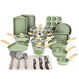 DishDelight Induktion Töpfe Set 30-teiliges Antihaft Topfset und Pfannen Set Kochgeschirr Set Granitbeschichtung Grün Cookware Kochtopf Bratpfanne mit Glasdeckeln