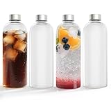 YRHome 4 Stück Trinkflasche aus Glas 1l Glaswasserflasche Glasflaschen mit Edelstahl-Deckel Glasflasche Wasserflasche Glastrinkflasche mit Schraubverschluss für heiße kalte Getränke Spülmaschinenfest