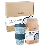 Morgenheld ENJOY! Tee Geschenkset mit Tasse Geschenk Set - 100g Kräutertee und Porzellan Becher to go Geschenk Set zu Muttertag Valentinstag Ostern oder Weihnachten