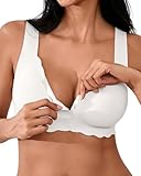 SHARICCA Damen Vorderverschluss BH - Ohne Bügel V Ausschnitt gewellte Ränder Push up BHS Soft Bequem Nahtloser Bralette(White-1P03-L)