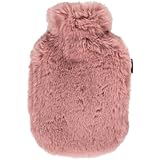 Fashy kleine Wärmflasche mit super softem Bezug aus hochwertigem Fellimitat, rosa, 0,8L