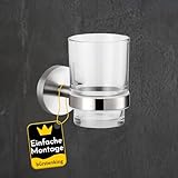 Bürstenking Zahnbürstenhalter mit Zahnputzbecher, stilvolle Halterung für Zahnputzbecher & Zahnpasta, Edelstahl matt gebürstet, einfache Wandmontage, Zahnbürstenhalter mit Becher, Teil der Serie 190