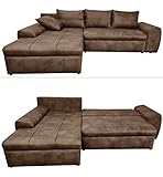 Vintage Ecksofa mit Schlaffunktion und Bettkasten 266x186 cm, Wellenunterfederung, Ottomane links, gemütliche Lounge Couch mit Mikrofaser-Stoff in Leder-Optik Braun / 18014