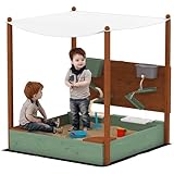 AIYAPLAY Sandkasten mit Abdeckung 116 x 112,5 cm aus Massivholz Imprägniert Kinder Sandbox mit Sitzbänken Bodenvlies Sandspielzeug, Sandkiste für Outdoor Terrasse Balkon Garten