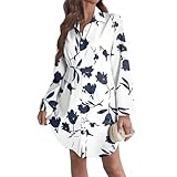 Generisch Blusenkleid Damen Herbst Hemdkleid V-Ausschnitt Herbstkleid Damen Lockeres Shirtkleid Langarm Boho Kleid Hemdblusenkleid mit Tasche und Knopf Blumenkleid Elegant Freizeitkleid Knielang