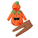 Neugeborene Baby Mädchen Jungen Halloween Kleidungssets Langarm Fleece Reißverschluss Kapuzenspielanzug Jacke Tops Gestreifte Hosen Leggings mit Füßen Kostüme (Orange, 6-12 Months)