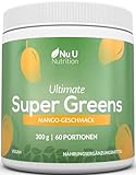 Super Greens | Mango | Pulver 300 g – 17 aktive Superfood-Zutaten – 60 Portionen – Mit Inulin, Spirulina, Chlorella, Maca-Wurzel und mehr – 100% vegan – Nu U Nutrition