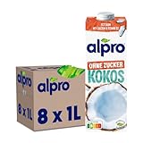 Alpro Kokosnussdrink Ohne Zucker, Pflanzlicher Drink, Vegan, Laktosefrei, Glutenfrei, UHT, 8x1L