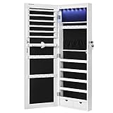 SONGMICS Schmuckschrank mit langem Spiegel, Schmuckaufbewahrung mit 6 LED-Lampen, zum Aufhängen an der Tür oder an der Wand, großes Fassungsvermögen, 2 Schubladen, Weiß JJC99WT