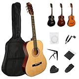 BESYOU Akustikgitarre, 96,5 cm, Holzgitarre mit Starter-Set, Reisetasche, Stimmgerät, Gitarrenplektrum mit Anfänger-Set für Kinder/Erwachsene, Natur
