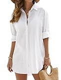 Vancavoo Strandkleid Damen Sommer Strandbluse Strandhemd V-Ausschnitt Strandtunika Lose Button-Down Strandponcho Longbluse Bikini Cover Up,Weiß,L