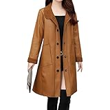 Lange Kunstlederjacke für Damen, mittellanger Mantel, Teddyfutter, Puppenkragen, Knopfleiste vorne, braun, XXL