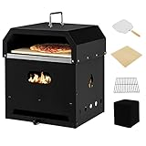 COSTWAY 4-in-1 Pizzaofen, Outdoor-Grill, holzbefeuerter Pizza Ofen mit wasserdichter Abdeckung, Pizzastein, Pizzaschaufel und Grillrost, tragbarer Gartenofen für Garten, Camping, Party