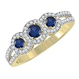 Dazzlingrock Collection Runder blauer Saphir & weißer Diamant 3 Steine Halo Verlobungsring für Frauen in Gold 4,5 natürlicher blauer Saphir natürlicher weißer Diamant Gelbgold natürlicher blauer