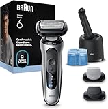 Braun Series 6 Elektrorasierer Herren, Rasierapparat mit 60 Min. Akku, 4in1 SmartCare Reinigungsstation, +2 Aufsätze, Kabelloser Nass- und Trockenrasierer für Männer, Wasserdicht, 62-S7650cc, Silber
