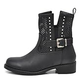 IF Fashion Stiefel Biker Motorradstiefel Damen perforiert mit Schnallen Frühling Sommer Kunstleder Jeans Optik GR-6656, 677 Schwarz, 40 EU