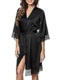 Tuopuda Bademantel Damen, Satin Kimono Morgenmantel Sommer, Nachthemd Spitze mit Taschen Kurz Robe mit Gürtel Blumenspitze Nachtwäsche Sleepwear für Party Hochzeit Braut Brautjungfern, Schwarz, L