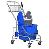 HOMCOM Putzwagen Reinigungswagen 26 Liter Wischwagen mit Wringer, Haushaltswagen mit Rollen, Haken für Mopp Blau