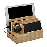 Relaxdays Ladestation, für Apple Watch, Bambus, HxBxT 15 x 21,5 x 15 cm, Handystation, Tablethalter, Uhrenständer, Natur