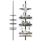 Dripex Teleskop Duschregal ohne Bohren, Teleskopregal Bad mit 4 Duschkorb, Badregal für Dusche und Badewanne, Eckregal höhenverstellbar von 98CM bis 287CM, Schwarz