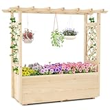 COSTWAY Hochbeet mit Rankgitter & hängendem Dach, Pflanzkasten mit Rankhilfe & Abflusslöchern, Blumenkasten für Kletterpflanzen, für Hof Garten Terrasse, Pflanzgefäß Holz, Natur (115 x 40 x 103 cm)