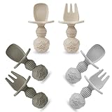 PandaEar 6 Pack Silicon Babylöffel und Gabel Fütterung Set-Gegenkokals Erstes selbstfüttere Utensilien für Baby-LED-Absetzerhäuser im Alter von 3 Monaten (Tan Walnussgrau)